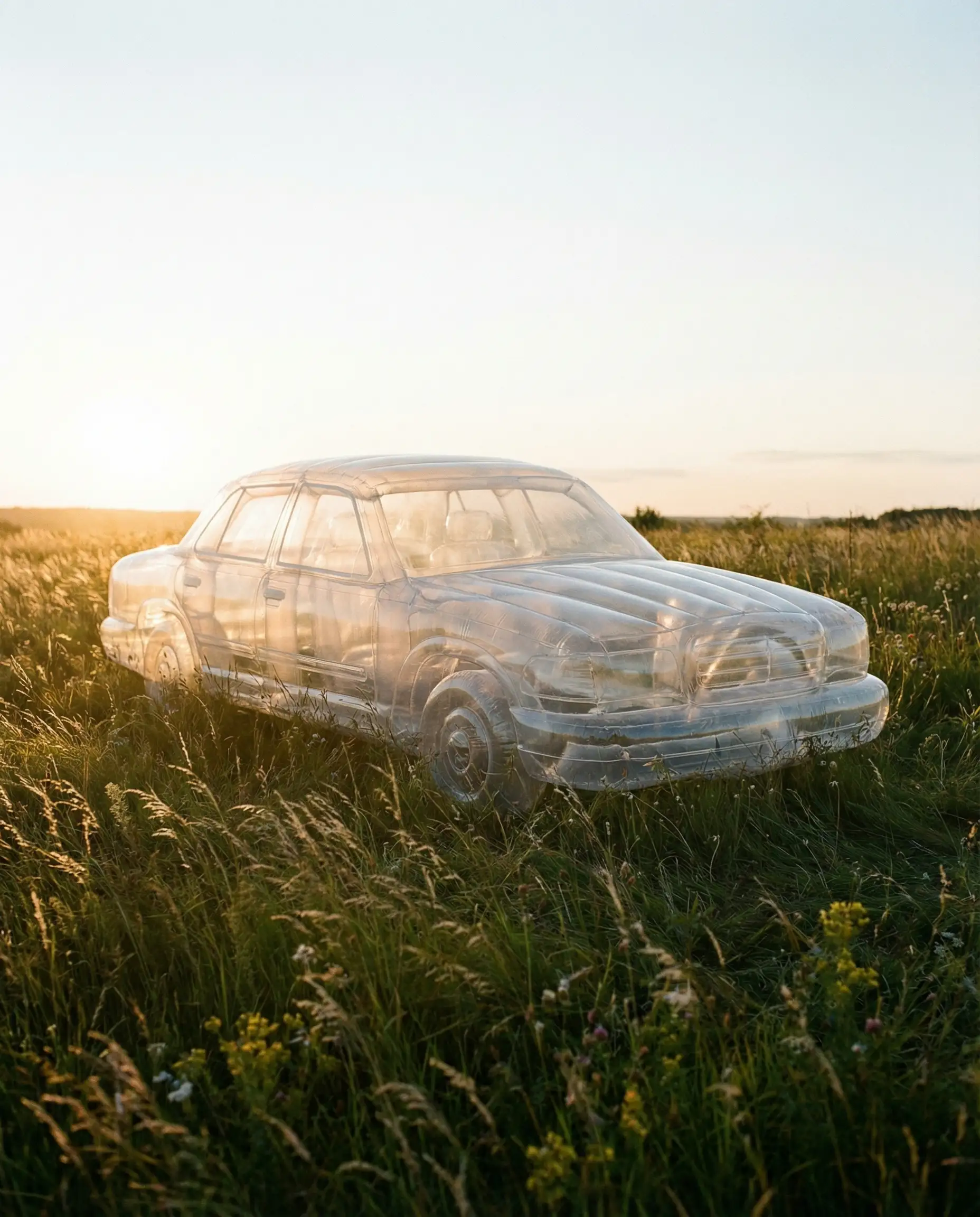 Transparent glass car parked in a meadow at sunset