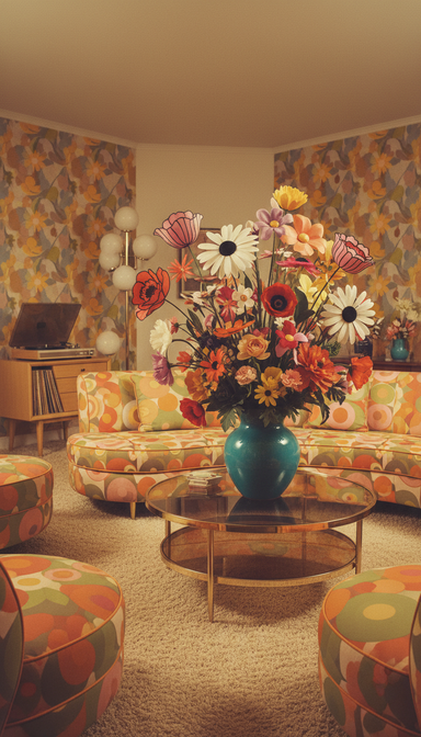 1970s living room with patterned wallpaper and a large flower bouquet