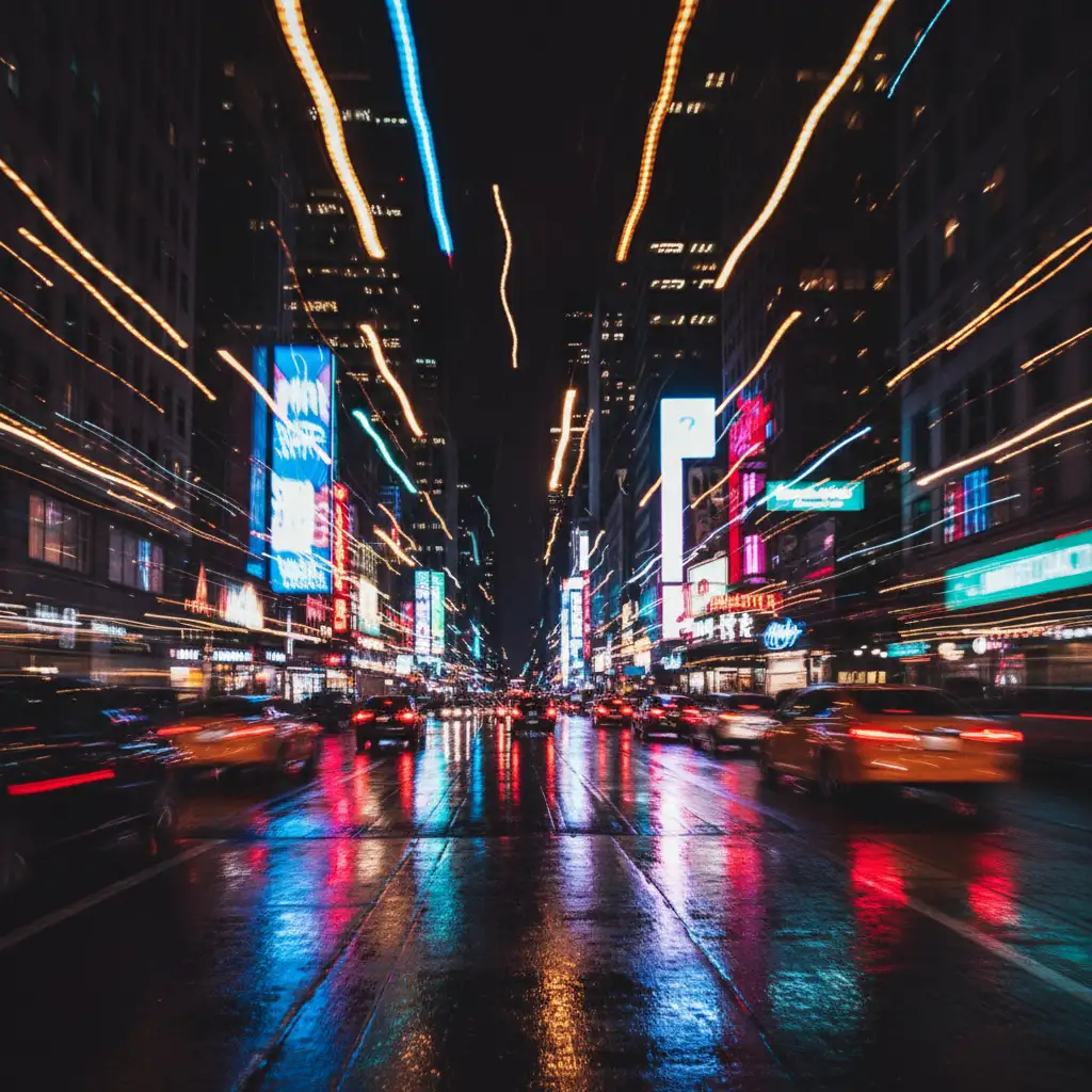 Long-exposure city street with streaking car light trails