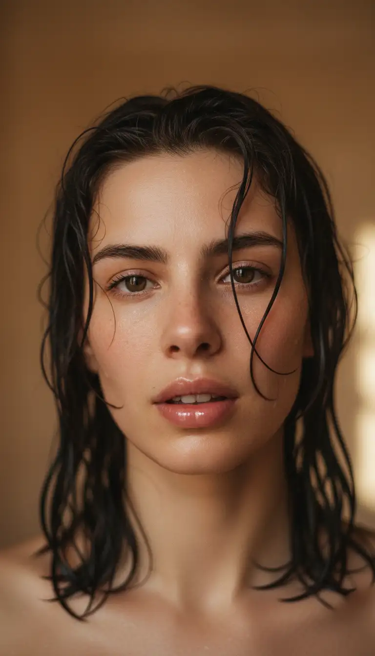 Close-up portrait of a woman with wet hair in warm studio light