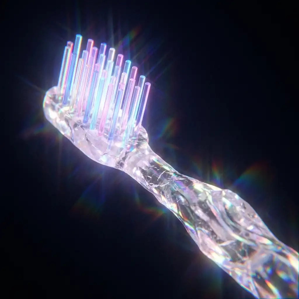 Crystal glass toothbrush lit with rainbow refractions on black
