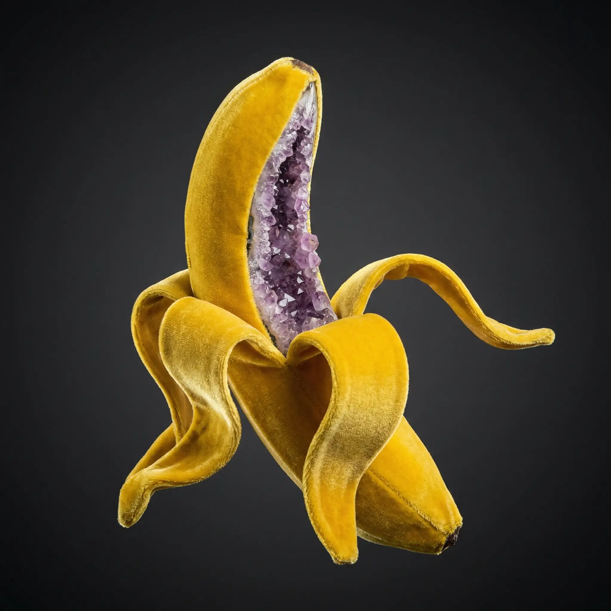 Peeled banana with an amethyst geode inside, studio product shot
