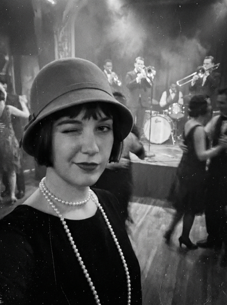 Black-and-white 1920s flapper winking in a jazz club