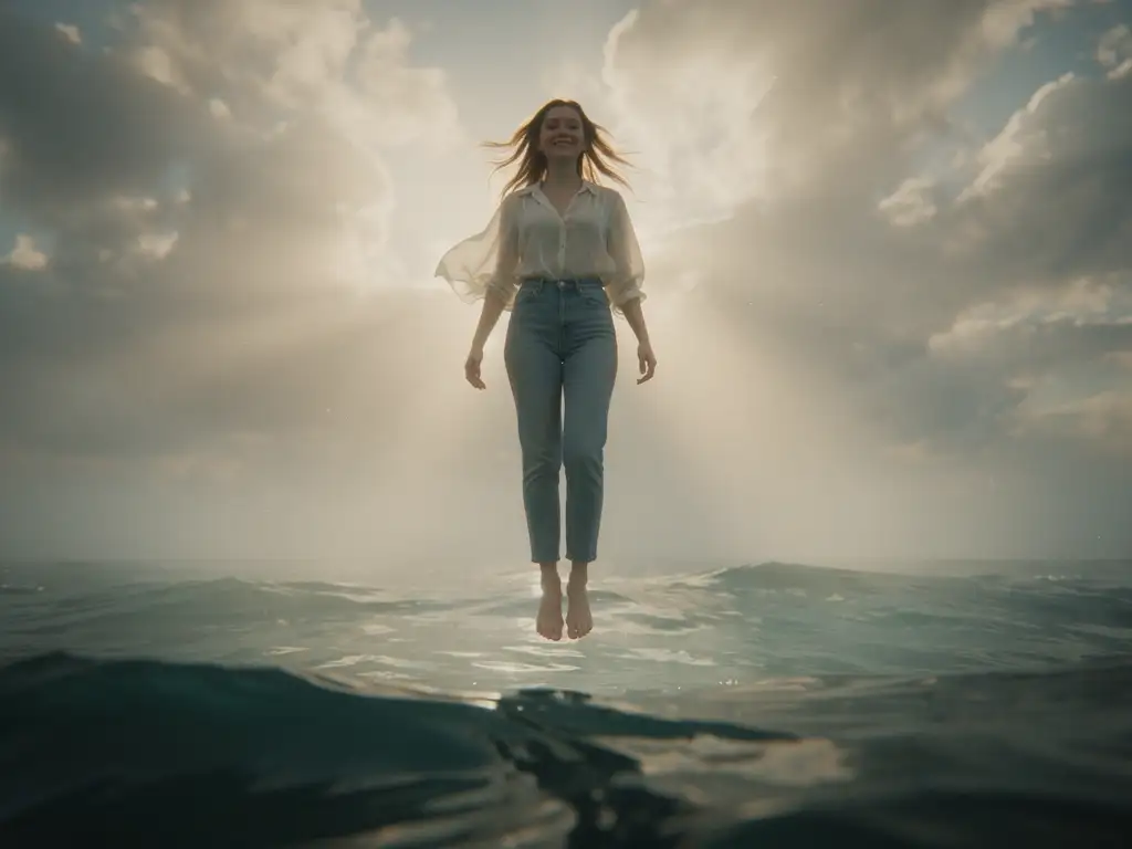 Woman floating above the sea under a burst of sunlight