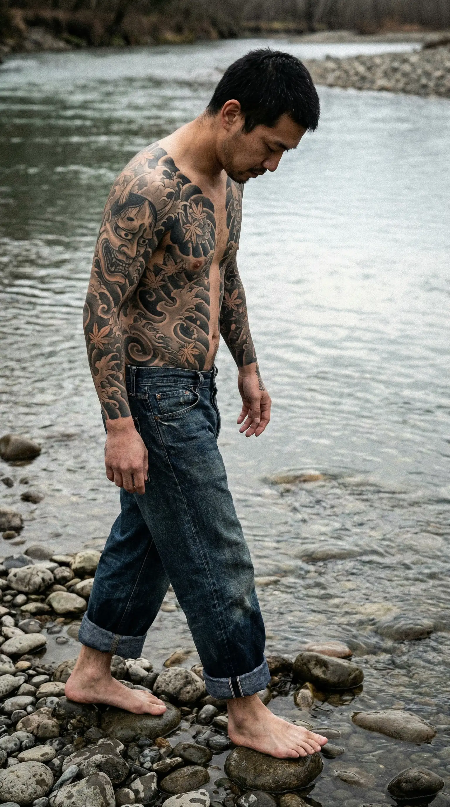 Tattooed man in rolled-up jeans wading through a river